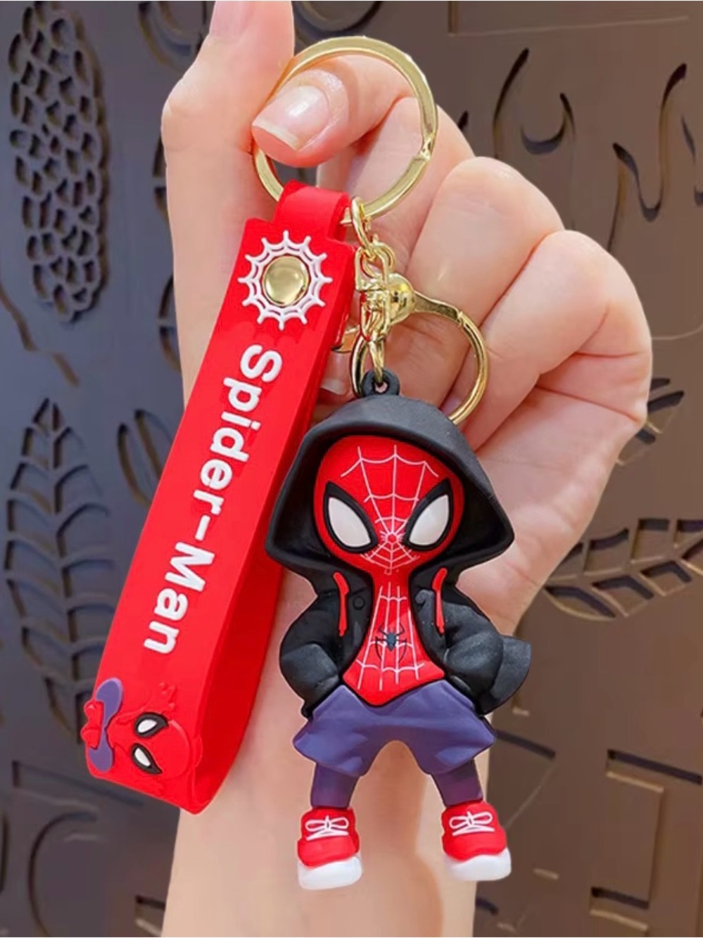 Spider-Man Marvel Keychain Green Hoodie Miles Morales Figure Lanyard Key Ring